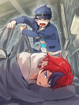 Rule 34 | 2boys, anger vein, black hair, blank eyes, blue eyes, blue hair, blue hat, blue jacket, blue pants, blush, commentary request, guco (gco h), hat, highres, hood, hood down, hoodie, indoors, jacket, long sleeves, lying, male focus, maruko gaku, multicolored hair, multiple boys, on side, open clothes, open jacket, open mouth, pants, pillow, red hair, shirt, streaked hair, sumino takumi, sweat, t-shirt, the hundred line -last defense academy-, under covers, white hoodie