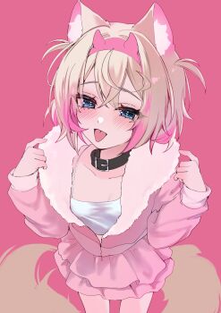 1girl absurdres acedia alternate_costume animal_ear_fluff animal_ears belt belt_collar black_belt black_collar blonde_hair blue_eyes collar dog_ears dog_girl dog_tail fur-trimmed_jacket fur_trim highres hololive hololive_english jacket looking_at_viewer mococo_abyssgard multicolored_hair open_mouth pink_hair pink_jacket pink_skirt shirt skirt smile solo streaked_hair tail tongue tongue_out virtual_youtuber white_shirt