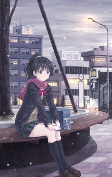 1girl bag black_hair bus cellphone female_focus highres lamppost long_hair motor_vehicle original phone ponytail school_uniform smartphone smile snow solo vehicle yakka
