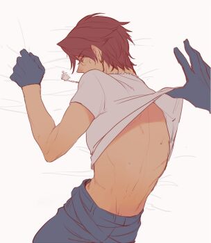 2boys back back_focus belt black_belt black_gloves blue_eyes blush brown_hair chain chain_necklace clothes_lift commentary_request earrings facing_away final_fantasy final_fantasy_viii gloves jewelry lying male_focus multiple_belts multiple_boys necklace no_jacket on_bed on_stomach pendant pov pov_hands scar scar_on_arm scar_on_back scar_on_face seifer_almasy shirt shirt_lift short_hair solo_focus squall_leonhart stud_earrings sweat toned toned_male u-min upper_body white_shirt yaoi