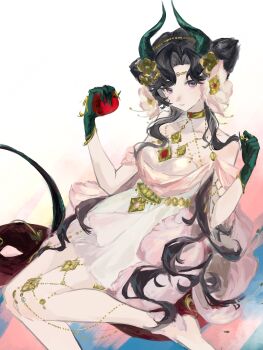 1girl absurdres anjo_nala apple bare_shoulders barefoot black_hair black_horns demon_horns dress flower food foot_out_of_frame fruit gloves grey_gloves hair_flower hair_ornament hands_up highres holding holding_food holding_fruit horns long_hair looking_at_viewer official_alternate_costume purple_eyes reverse:1999 short_dress sitting sleeveless sleeveless_dress solo white_background white_dress white_flower xianqianning