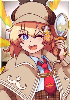 1girl blonde_hair blue_eyes blush detective hair_ornament hat highres holding holding_magnifying_glass hololive hololive_english looking_at_viewer magnifying_glass mustache_print necktie neferkitty open_mouth plaid_clothes red_necktie shirt short_hair smile solo virtual_youtuber watson_amelia watson_amelia_(1st_costume) white_shirt