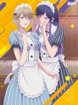 2girls absurdres anime_coloring apron aqua_dress back_ribbon black_hair black_ribbon blonde_hair blu-ray_cover blue_eyes blush breasts center_frills colored_tips copyright_name cover dress familia_uniform frilled_apron frilled_dress frilled_shirt_collar frilled_sleeves frills green_dress hair_between_eyes hair_ribbon hands_up highres hououji_akane long_hair looking_ahead looking_at_another maid maid_headdress marvelous medium_breasts megami_no_cafe_terrace multicolored_hair multiple_girls neck_ribbon noguchi_masatsune numbered official_art open_mouth puffy_short_sleeves puffy_sleeves purple_eyes purple_hair ribbon rounded_collar second-party_source short_hair short_sleeves standing striped_clothes striped_dress swept_bangs takasaki_mao vertical-striped_clothes vertical-striped_dress waist_apron white_apron white_headdress white_ribbon