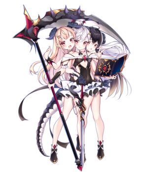 absurdres black_hair blonde_hair conjoined demon_girl dragon_girl dragon_horns highres horns looking_at_viewer multiple_girls original red_eyes white_hair xuecheng