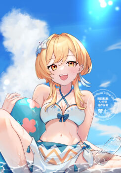 1girl bikini blonde_hair blush bottle breasts cloud cloudy_sky flower genshin_impact hair_between_eyes hair_flower hair_ornament highres innertube long_hair lumine_(genshin_impact) lumine_(hot_springs)_(genshin_impact) medium_breasts navel official_alternate_costume open_mouth sky solo spread_legs stomach swim_ring swimsuit water_bottle white_bikini yellow_eyes yu_ri_0320