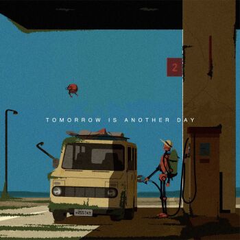 blue_sky canvas_texture cracked_road drone english_text gas_pump gas_station grass hat hatelephant in_shadow lamppost looking_at_object motor_vehicle original overgrown recreational_vehicle refueling robot shadow sign sky sun_hat tent van