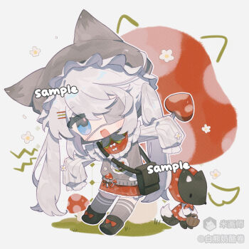 1girl :d animal_hat bag bai_xiong_nailaojuan black_boots blue_eyes blush boots bow chibi chibi_only eyepatch footwear_bow frilled_skirt frills full_body grey_hair grey_hat grey_sweater_vest grey_thighhighs hat highres long_hair long_sleeves looking_at_viewer mihuashi_username mushroom open_mouth original outstretched_arms pleated_skirt red_bow red_skirt sample_watermark shirt skirt sleeves_past_fingers sleeves_past_wrists smile solo spread_arms standing striped_clothes striped_shirt striped_thighhighs sweater_vest thighhighs twintails watermark white_shirt zettai_ryouiki