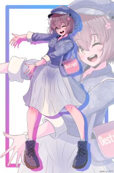 :d absurdres ankle_socks bag black_boots blue_border blue_hat blush boots border breast_pocket brown_eyes brown_hair casual collarbone collared_shirt commentary_request denim_headwear denim_shirt dress_shirt english_text flat_cap flower hair_between_eyes hair_flower hair_ornament hat highres kantai_collection knees lace-up_boots looking_at_viewer medium_hair one_eye_closed open_mouth outside_border pink_flower pleated_skirt pocket purple_border radar_hair_ornament rounded_corners shirt shoulder_bag sidelocks simple_background skirt smile socks teeth twitter_username upper_teeth_only watch white_background white_skirt white_socks wristwatch yoko_hata yukikaze_(kancolle) zoom_layer