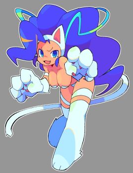 1girl animal_ears animal_hands bacun big_hair blue_eyes blue_hair breasts cat_ears cat_girl cat_paws cat_tail claw_pose claws cleavage commentary english_commentary fangs felicia_(darkstalkers) full_body fur highres large_breasts leaning_forward looking_at_viewer open_mouth simple_background smile solo tail darkstalkers white_fur