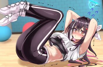 1girl @_@ absurdres armpits azki_(hololive) black_hair black_pants black_sports_bra blush breasts crop_top exercising highres hololive hololive_dance_practice_uniform inokeiwd large_breasts long_hair looking_at_viewer lying multicolored_hair navel official_alternate_costume on_back pants pink_eyes pink_hair shirt shoes solo sports_bra streaked_hair underboob virtual_youtuber white_hair white_shirt white_shoes yoga_pants