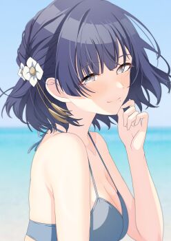1girl absurdres arm_up armpit_crease bikini blue_bikini blue_hair blurry blurry_background blush braid breasts cleavage closed_mouth commentary_request day flower_ornament from_side gakuen_idolmaster grey_eyes hair_ornament halterneck hataya_misuzu highres idolmaster looking_at_viewer medium_breasts mole mole_under_mouth musha_no_kozi ocean outdoors short_hair sky smile solo swimsuit upper_body