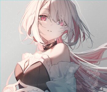 1girl art_study au_ra bare_shoulders breasts bustier choker color_study colored_inner_hair dragon_girl dragon_horns dress final_fantasy final_fantasy_xiv highres horns looking_at_viewer motsuni_(lxxe1120) multicolored_hair off-shoulder_dress off_shoulder parted_lips pink_hair red_eyes scales solo warrior_of_light_(ff14) white_dress white_hair