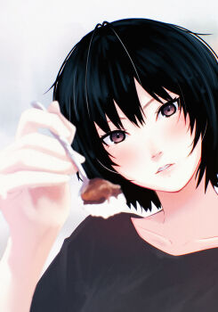 Rule 34 | 1girl, absurdres, alternate costume, amagami, black eyes, black hair, black shirt, blue background, blush, collarbone, commentary, curry, curry rice, feeding, food, foreshortening, hand up, highres, holding, holding spoon, incoming food, looking at viewer, nanasaki ai, oshizu, parted lips, rice, shirt, short hair, solo, spoon, upper body