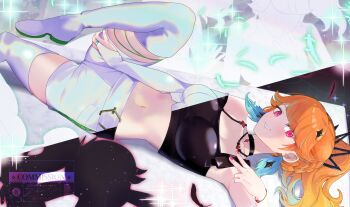 black_shirt breasts commentary commission crop_top earrings feather_earrings feathers high_ponytail highres hololive hololive_english hsin jewelry knee_up long_hair lying medium_breasts midriff mirage_(takanashi_kiara) navel official_alternate_costume official_alternate_hairstyle on_back orange_hair ponytail purple_eyes shirt short_shorts shorts split_screen stomach takanashi_kiara thighhighs virtual_youtuber white_shorts white_thighhighs