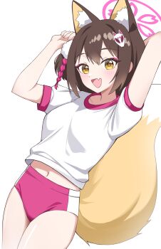 Rule 34 | 1girl, :d, absurdres, animal ear fluff, animal ears, arm behind head, blue archive, blush, brown hair, buruma, commentary request, cowboy shot, fang, fox ears, fox girl, fox tail, gym shirt, gym uniform, hair between eyes, hair ornament, halo, hands up, highres, izuna (blue archive), looking at viewer, navel, open mouth, pink buruma, pink halo, prock, shirt, short hair, short sleeves, simple background, skin fang, smile, solo, tail, track suit, white background, white shirt, yellow eyes