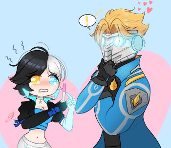 1boy 1girl black_hair blonde_hair blue_eyes blue_jacket chibi crying crying_with_eyes_open gloves guardians_of_the_galaxy hand_on_chin heart hetero heterochromia highres jacket jewelry luna_snow marvel marvel marvel_rivals mask multicolored_hair navel nyankoart peter_quill pregnancy_test pregnant shorts star-lord tears white_hair white_shorts yellow_eyes