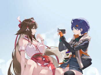 2girls absurdres bare_shoulders belle_(zenless_zone_zero) black_shirt breasts brown_hair camera chinese_commentary cleavage closed_mouth commentary_request earrings fingerless_gloves freeeeeeeeeee gloves grey_skirt hair_flaps hair_ornament highres holding holding_camera hood hood_down hooded_jacket jacket jewelry letter_hair_ornament looking_at_viewer medium_breasts multiple_girls official_alternate_costume orange_gloves red_eyes red_skirt shirt shirt_tucked_in sitting skirt smile taking_picture white_shirt ye_shunguang ye_shunguang_(touch_of_dawnlight) zenless_zone_zero