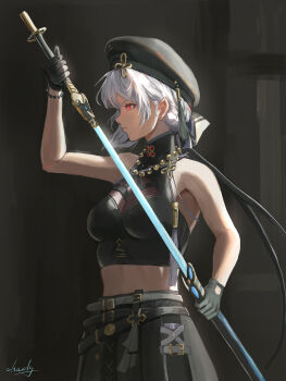 1girl absurdres bare_shoulders bead_necklace beads beret black_gloves black_hat black_skirt breasts chucky_(chucky1000sun) closed_mouth commentary_request crop_top from_side gloves grey_hair hat highres holding holding_sword holding_weapon jewelry looking_ahead medium_breasts mole mole_under_mouth necklace red_eyes sanhua_(wuthering_waves) shirt signature skirt sleeveless sleeveless_shirt solo sword weapon wuthering_waves