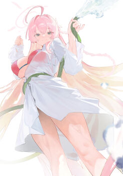 Rule 34 | 1girl, absurdres, ahoge, bikini, bikini under clothes, blue archive, braid, breasts, closed mouth, commentary, feet out of frame, fingernails, from below, green eyes, hair between eyes, hair ribbon, halo, hanako (blue archive), hanako (swimsuit) (blue archive), hands up, highres, holding, holding hose, hose, large breasts, long hair, long shirt, long sleeves, looking at viewer, looking down, official alternate costume, partially unbuttoned, pink hair, pink halo, red bikini, ribbon, see-through clothes, see-through shirt, shirt, side braid, simple background, single braid, sleeves past wrists, smile, solo, sparkle, standing, swimsuit, tabris (pixiv 98267348), underboob, very long hair, w arms, water, water drop, wet, wet clothes, wet shirt, white background, white ribbon, white shirt