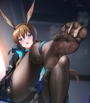 1girl absurdres amiya_(arknights) animal_ears anklet arknights black_pantyhose blue_eyes blue_skirt blush brown_hair embarrassed feet frown highres jewelry looking_at_viewer panties panties_under_pantyhose pantyhose presenting_foot reiku09 see-through_clothes see-through_legwear see-through_pantyhose skirt smell smelling smelling_clothes smelling_feet smelling_pantyhose soles toes underwear white_panties