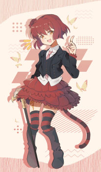 1boy absurdres black_boots boots cane cicococo ciconia_no_naku_koro_ni collared_shirt flower hair_flower hair_ornament highres holding holding_cane knees_together_feet_apart looking_at_viewer male_focus mitake_miyao necktie notice_lines open_mouth pink_necktie red_flower red_hair red_rose red_skirt rose shirt short_hair skirt smile tail trap white_shirt yellow_eyes