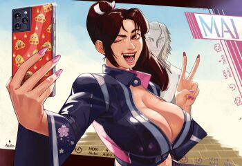 1boy 1girl absurdres andy_bogard blonde_hair breasts brown_eyes brown_hair cellphone character_name cleavage closed_mouth commentary cropped_jacket english_commentary fatal_fury fatal_fury:_city_of_the_wolves high_ponytail highres holding holding_phone jumboiiii large_breasts looking_at_phone navel open_mouth partially_unzipped phone pink_nails ponytail shiranui_mai smartphone snk street_fighter street_fighter_6 the_king_of_fighters v wide_sleeves zipper zipper_pull_tab