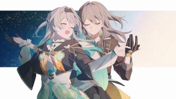 2girls black_coat black_gloves black_hairband closed_eyes coat commentary_request cropped_jacket firefly_(honkai:_star_rail) floating_hair gloves grey_hair hairband honkai:_star_rail honkai_(series) long_hair long_sleeves multiple_girls open_clothes open_coat open_mouth shirt sky smile soikaiso star_(sky) starry_sky stelle_(honkai:_star_rail) trailblazer_(honkai:_star_rail) white_shirt