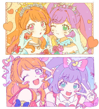 2girls :d ;d ahoge aikatsu! aikatsu!_(series) aikatsu!_x_pripara_the_movie_-deai_no_kiseki!- bead_necklace beads border bow braid detached_collar gloves green_eyes hair_bow half-heart_hands highres jewelry ku_(kuooss) long_hair looking_at_viewer manaka_laala multiple_girls multiple_views necklace one_eye_closed open_mouth orange_hair ozora_akari pink_bow pretty_series pripara purple_hair smile tiara twintails upper_body v v_over_eye white_border white_gloves