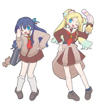 2girls ;d black_bag black_socks blonde_hair blue_eyes blue_hair brown_cardigan brown_dress brown_shoes cardigan cardigan_around_waist cellphone clothes_around_waist colored_tips commentary_request dress flip_phone full_body gradient_hair gyaru half_updo hand_on_own_hip hasu_no_sora_school_uniform heisei_gals!!!!_(love_live!) highres holding holding_phone kogal link!_like!_love_live! loafers long_sleeves looking_at_viewer loose_socks love_live! multicolored_hair multiple_girls murano_sayaka nagisa_iori nail_polish neckerchief no-show_socks one_eye_closed open_cardigan open_clothes open_mouth osawa_rurino parted_bangs phone pink_nails pleated_dress red_neckerchief sailor_collar sailor_dress school_uniform shoes short_dress smile socks twintails virtual_youtuber white_sailor_collar white_socks winter_uniform