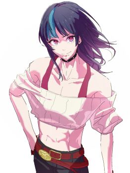1boy abs androgynous aqua_hair belt_buckle black_hair breasts buckle chin_piercing cleavage collarbone commentary_request cowboy_shot eyelashes face_piercing highres hoshi_kirara jujutsu_kaisen masapa8 medium_hair multicolored_hair navel off-shoulder_sweater off_shoulder piercing purple_eyes simple_background smile solo star-shaped_pupils star_(symbol) streaked_hair sweater symbol-shaped_pupils white_background