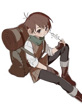 1boy backpack bag black_pants boots brown_boots brown_eyes brown_gloves brown_hair brown_tunic chilchuck_tims dungeon_meshi eating fifibird fingerless_gloves food food_on_face food_request gloves halfling highres holding holding_food long_sleeves looking_at_viewer male_focus pants shirt short_hair simple_background sitting solo tunic white_background white_shirt
