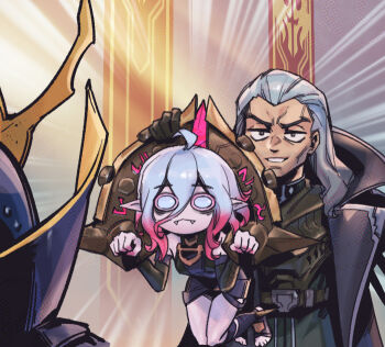 1boy 2girls ahoge bags_under_eyes belt black_belt black_coat black_gloves black_jacket briar_(league_of_legends) coat detached_sleeves fangs full_body gloves gradient_hair grey_hair hair_between_eyes jacket korean_commentary league_of_legends leblanc_(league_of_legends) leblanc_(legacy) looking_at_another looking_at_viewer multicolored_hair multiple_girls phantom_ix_row pink_hair pointy_ears sidelocks smile standing stirrup_legwear swain_(league_of_legends) toeless_legwear toes upper_body v-shaped_eyebrows wrist_cuffs