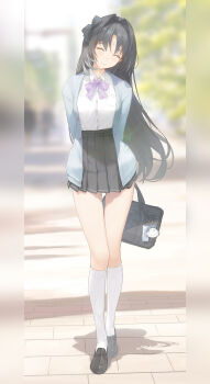 Rule 34 | 1girl, absurdres, alternate costume, bag, black hair, blue cardigan, blurry, blurry background, bow, bowtie, cardigan, closed eyes, closed mouth, commentary, facing viewer, feather hair, full body, grey skirt, hair intakes, hashtag-only commentary, highres, holding, holding bag, long hair, parted bangs, pillarboxed, purple bow, purple bowtie, school bag, shirt, shirt tucked in, skirt, smile, socks, solo, tacet mark (wuthering waves), very long hair, white shirt, white socks, wuthering waves, yangyang (wuthering waves), youngjoo kjy