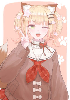 1girl absurdres animal_ear_fluff animal_ears blonde_hair blush brown_cardigan cardigan commentary_request dog_ears dog_girl dog_tail fang green_eyes hair_ornament hairpin highres hololive looking_at_viewer medium_hair momosuzu_nene momosuzu_nene_(casual) official_alternate_costume one_eye_closed open_mouth ruo1001 shirt smile solo star_(symbol) star_hair_ornament tail teeth upper_teeth_only v virtual_youtuber white_shirt