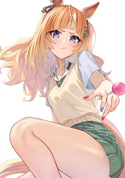 1girl alternate_costume animal_ears bare_legs blue_nails blue_shirt candy chupa_chups collared_shirt commentary_request dress_shirt espoir_city_(umamusume) feet_out_of_frame food gradient_hair green_necktie green_skirt highres holding holding_candy holding_food holding_lollipop horse_ears horse_girl horse_tail iam_(tetsu0ekaki) lollipop long_hair looking_at_viewer miniskirt multicolored_hair multicolored_nails necktie orange_hair pleated_skirt red_nails school_uniform shirt short_sleeves skirt solo streaked_hair summer_uniform sweater_vest tail two-tone_nails umamusume white_hair yellow_sweater_vest