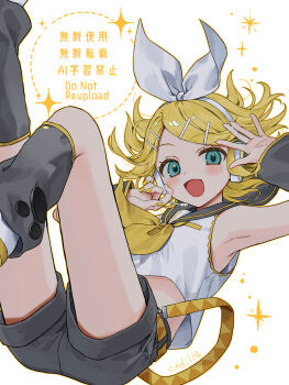 1girl :d aqua_eyes armpits artist_name bare_shoulders belt black_leg_warmers black_sailor_collar black_shorts black_sleeves blonde_hair bow bow_hairband commentary cropped_shirt ctd_114 detached_sleeves fingernails hair_bow hair_ornament hairband hairpin headphones headset highres kagamine_rin leg_warmers loose_belt midriff nail_polish neckerchief open_mouth sailor_collar shirt shoes short_hair short_shorts shorts sleeveless sleeveless_shirt smile swept_bangs vocaloid white_bow white_hairband white_shirt white_shoes yellow_belt yellow_nails yellow_neckerchief yellow_trim