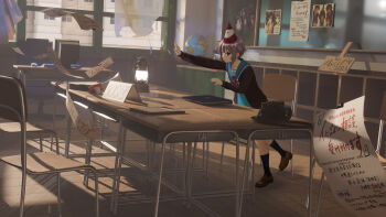 1girl 3d_background absurdres asahina_mikuru black_socks blender_(medium) blue_sailor_collar blue_skirt brown_cardigan brown_eyes brown_shoes camera cardigan chair clubroom curtains desk flying_paper globe hat highres indoors kamimiya_rakuzaki kita_high_school_uniform kneehighs koizumi_itsuki kyon loafers long_sleeves mixed_media nagato_yuki open_cardigan open_clothes paper party_hat photo_(object) purple_hair red_ribbon ribbon sailor_collar school_chair school_desk school_uniform serafuku shadow shoes short_hair sign skirt socks solo suzumiya_haruhi suzumiya_haruhi_no_yuuutsu window winter_uniform