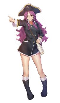 1girl absurdres binoculars black_boots boots buttons commentary commission cosplay curtained_hair deccatezu eiyuu_densetsu english_commentary full_body hat highres kuro_no_kiseki_(series) long_hair patty_fleur patty_fleur_(cosplay) pirate_hat pointing purple_hair renne_(eiyuu_densetsu) simple_background smile solo standing tales_of_(series) tales_of_vesperia white_background yellow_eyes