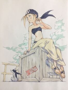 1girl animal bandana bandeau bare_arms bare_shoulders black_bandana black_bandeau black_panties blonde_hair blue_eyes box breasts brown_pants closed_mouth clothed_animal cloud commentary_request hand_up highres looking_afar looking_to_the_side mouse_(animal) navel o-ring on_box original outdoors panties pants peter_salt pirate print_bandana railing sandals short_hair sitting sitting_on_box skull_print small_breasts smile solo stomach tassel traditional_media underboob underwear