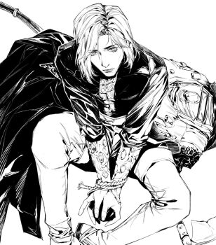 1boy bound bound_wrists cloak elden_ring fromsoftware greyscale highres lineart long_hair looking_at_viewer mad_tongue_alberich megasus monochrome on_ground pants simple_background sitting solo white_background