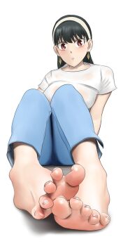 1girl barefoot black_hair feet hairband highres long_hair looking_at_viewer parted_lips red_eyes shirow_(mha03133) soles spy_x_family toes yor_briar