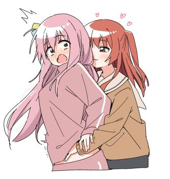 2girls :3 blue_eyes blush bocchi_the_rock! commentary cube_hair_ornament gotoh_hitori green_eyes hair_ornament hand_under_clothes hand_under_shirt haru_(konomi_150) heart jacket kita_ikuyo long_hair multiple_girls one_side_up open_mouth pants pink_hair pink_jacket pink_pants red_hair school_uniform shirt shuka_high_school_uniform simple_background smile track_jacket white_background yuri