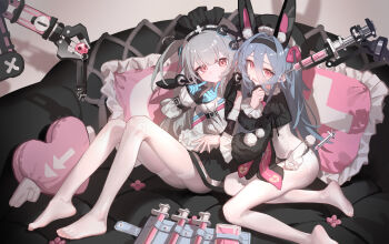 2girls absurdres animal_ear_fluff animal_ears ball_gag black_skirt blue_gloves blue_hair chinese_commentary closed_mouth commentary_request frilled_pillow frills gag gloves grey_hair highres kele_mimi long_hair long_sleeves multiple_girls no_shoes open_mouth original pantyhose pillow pink_eyes rabbit_ears sitting skirt syringe thighband_pantyhose white_pantyhose