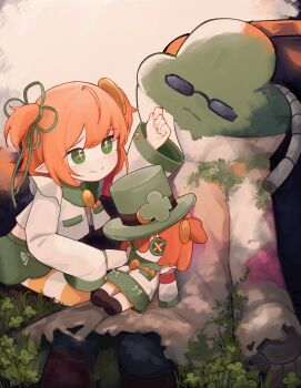 +_+ 1girl 1other black-framed_eyewear character_doll chromashift closed_mouth clover coin commentary commission doll english_commentary four-leaf_clover fuyo_cloverfield gold_coin grass green_eyes green_ribbon green_skirt hair_ribbon highres jacket medium_hair notkuriimu open_clothes open_jacket orange_hair outdoors pantyhose ribbon short_twintails sitting skirt smile striped_clothes striped_pantyhose stuffed_toy sunglasses twintails virtual_youtuber white_jacket