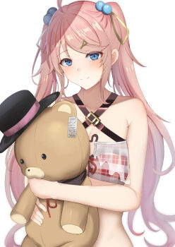 1girl blue_eyes breasts chiyo_(pk19981234) eiyuu_densetsu hajimari_no_kiseki highres holding holding_stuffed_toy holding_toy kuro_no_kiseki kuro_no_kiseki_(series) kuro_no_kiseki_ii light_smile long_hair looking_at_viewer nadia_rayne pink_hair pink_top simple_background small_breasts stuffed_animal stuffed_toy swimsuit teddy_bear toy twintails