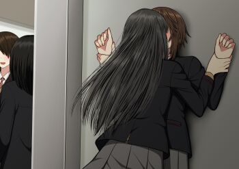 4girls absurdres black_hair black_jacket brown_hair commentary_request grey_skirt highres holding_another's_wrist indoors jacket kabedon long_hair multiple_girls necktie open_mouth original pleated_skirt red_necktie ryuusa school_uniform short_hair skirt smile yuri