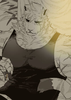 1boy animal_ears arknights bara black_tank_top commentary_request cup drinking_glass furry furry_male hinokumo_f holding holding_cup large_pectorals male_focus monochrome mountain_(arknights) multiple_scars muscular muscular_male pectoral_cleavage pectorals scar scar_across_eye scar_on_arm scar_on_face short_hair sidepec solo tail tank_top tiger_boy tiger_ears tiger_stripes upper_body white_fur