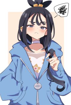 1girl absurdres black_hair blue_hoodie blush breasts choker closed_mouth collarbone commentary_request cube_hair_ornament earclip frown grey_eyes hair_ornament highres hood hood_down hoodie lida_(pokemon) long_hair long_sleeves looking_at_viewer nintendo piyo_to_game pokemon pokemon_legends:_z-a shirt solo speech_bubble spoken_squiggle squiggle topknot white_choker wispy_bangs