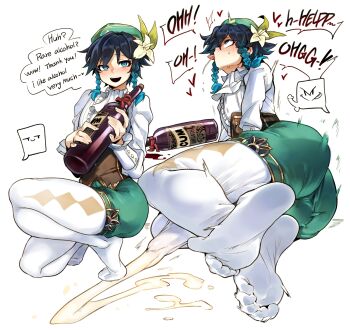 1boy absurdres bad_id bad_twitter_id blue_eyes blue_hair blush bottle braid bulge cum cum_in_clothes cum_through_clothes doppel_(bonnypir) ejaculation english_text erection erection_under_clothes feet flower genshin_impact gradient_hair green_hat green_shorts hair_flower hair_ornament handsfree_ejaculation hat highres holding holding_bottle long_sleeves looking_at_viewer male_focus multicolored_hair no_shoes nose_blush open_mouth pantyhose pantyhose_under_shorts shirt shorts simple_background spontaneous_orgasm squatting teeth toes tongue tongue_out trap twin_braids upper_teeth_only venti_(genshin_impact) white_background white_pantyhose white_shirt