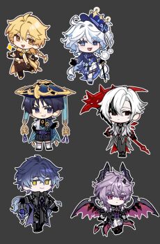 2girls 4boys aether_(genshin_impact) ahoge arlecchino_(genshin_impact) arm_belt arms_at_sides artistic_error ascot belt black_background black_belt black_bodysuit black_boots black_bridal_gauntlets black_coat black_gloves black_hair black_horns black_pants black_shoes black_shorts black_sleeves blonde_hair blue_cape blue_gemstone blue_hair blue_hat blue_kimono blunt_ends bodysuit boots bow braid bridal_gauntlets brown_gauntlets brown_pants brown_shirt brown_sleeves bubble cane cape chest_jewel closed_mouth coat coattails colored_eyelashes colored_tips crimson_moon&#039;s_semblance_(genshin_impact) cropped_shirt curly_ends curly_sidelocks dragon_boy dragon_horns dragon_tail dragon_wings drop-shaped_pupils earrings eyelash_ornament eyeliner eyeshadow facial_mark feather_earrings feathers flins_(genshin_impact) forehead_mark formal_clothes frilled_socks frills furina_(genshin_impact) furisode furrowed_brow gem genshin_impact gloves gold gold_trim grey_coat grey_hair grey_pants grey_pupils grey_sleeves grey_vest hair_between_eyes hair_intakes hakama hakama_shorts hand_on_own_hip hand_up hat hat_ribbon heart-shaped_gem heterochromia highres holding holding_cane holding_lantern holding_scythe horns jacket japanese_clothes jewelry jingasa juban kimono lantern lapels leg_belt leg_warmers long_hair long_sleeves looking_at_another looking_at_viewer low-braided_long_hair low-tied_long_hair makeup midriff mini_durin_(genshin_impact) mini_durin_(human)_(genshin_impact) mini_hat mini_top_hat multicolored_hair multiple_boys multiple_girls open_clothes open_coat open_jacket open_kimono open_mouth outline pants parted_bangs pelvic_curtain pleated_shorts pom_pom_(clothes) purple_ascot purple_bow purple_eyes purple_hair purple_horns purple_jacket purple_ribbon purple_rope purple_sleeves purple_suit purple_vest red_eyeliner red_eyes red_eyeshadow red_gemstone red_pupils red_tail red_wings ribbon rope scaramouche_(genshin_impact) scarf scythe shirt shoes short_sleeves shorts sideways_glance single_hair_intake smile smirk socks standing streaked_hair suit suit_jacket symbol-shaped_pupils tail tassel thigh_strap too_many too_many_belts top_hat tsurime two-sided_horns very_long_hair vest wanderer_(genshin_impact) white_hair white_kimono white_leg_warmers white_mouth white_outline white_pants white_scarf white_shorts white_sleeves white_socks white_vest wings wispy_bangs x-shaped_pupils yellow_eyes yellow_feathers youth_500